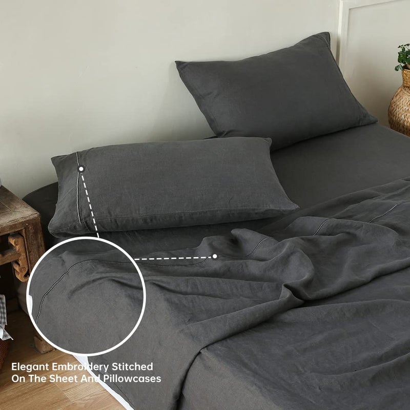 Simple&Opulence 100% Linen Sheet Set with Embroidery Washed - 4 Pieces (1 Flat Sheet & 1 Fitted Sheet & 2 Pillowcases) Natural Flax Soft Bedding Breathable Farmhouse - Dark Grey, King Size - Image 4